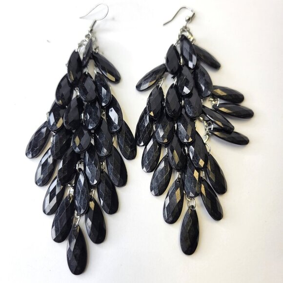 Black Glass Bead Long Earrings Chandelier Teardrop Diamond Shape Drop Earrings - Picture 5 of 7